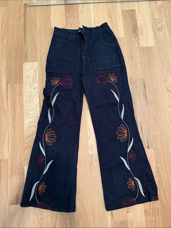 Seventy + Mochi Denim - High-Rise navy denim Embroidered Wide-Leg Jeans